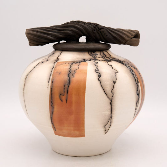 Two Tone Large Horsehair Vessel with Cover